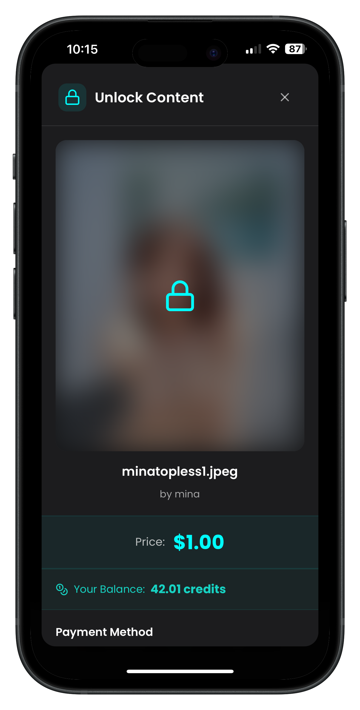 Sexy Selfies unlock content modal showing $1.00 pricing